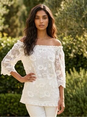 SARA CAMPBELL Lace Crochet Blouse Floral Embroidered White Off The Shoulder Top